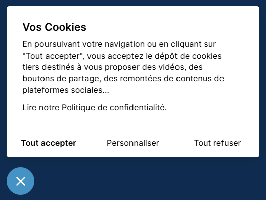 Popup de paramétrage des cookies du site Impacts Architecteurs